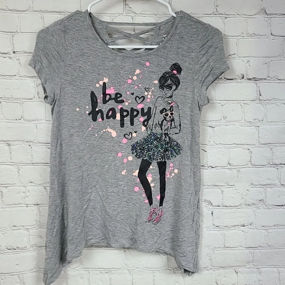 Justice Gray Short Sleeve Tee Girls 10 Be happy Glitter Heart Dog Sunglasses Top